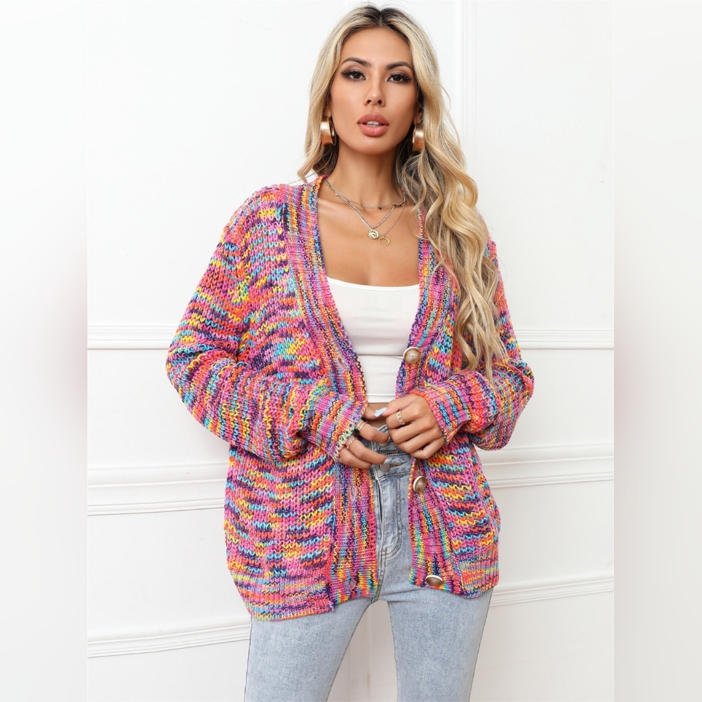 Bright Colorful Knit Long Sleeve V-neck Patck Pocket Cardigan Button-Up Sweater